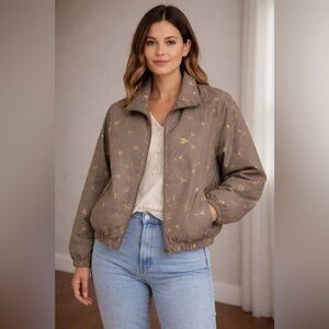 Vintage 100% Silk Taupe Bomber Jacket with Gold Foil Accents